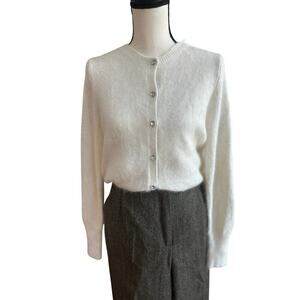 Vintage  Women's White Angora Cardigan Sweater Large Festive Holiday Glam